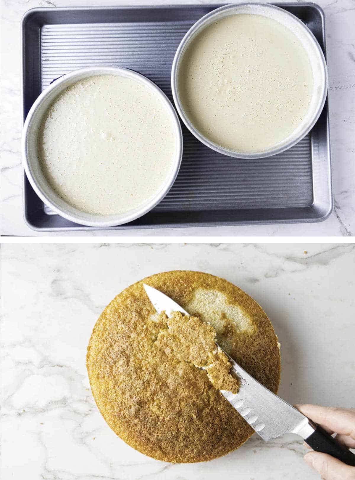 cake batter in two pans, and a sharp knife being used to shave the top off a baked cake so that it's level.