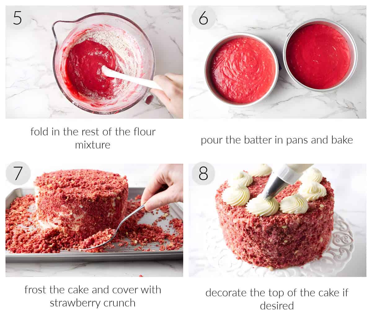 steps 5 through 8 on making and decorating a pink cake.