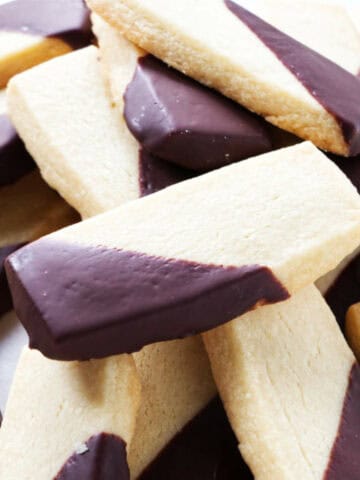 rectangular shortbread cookies dipped in dark chocolate.