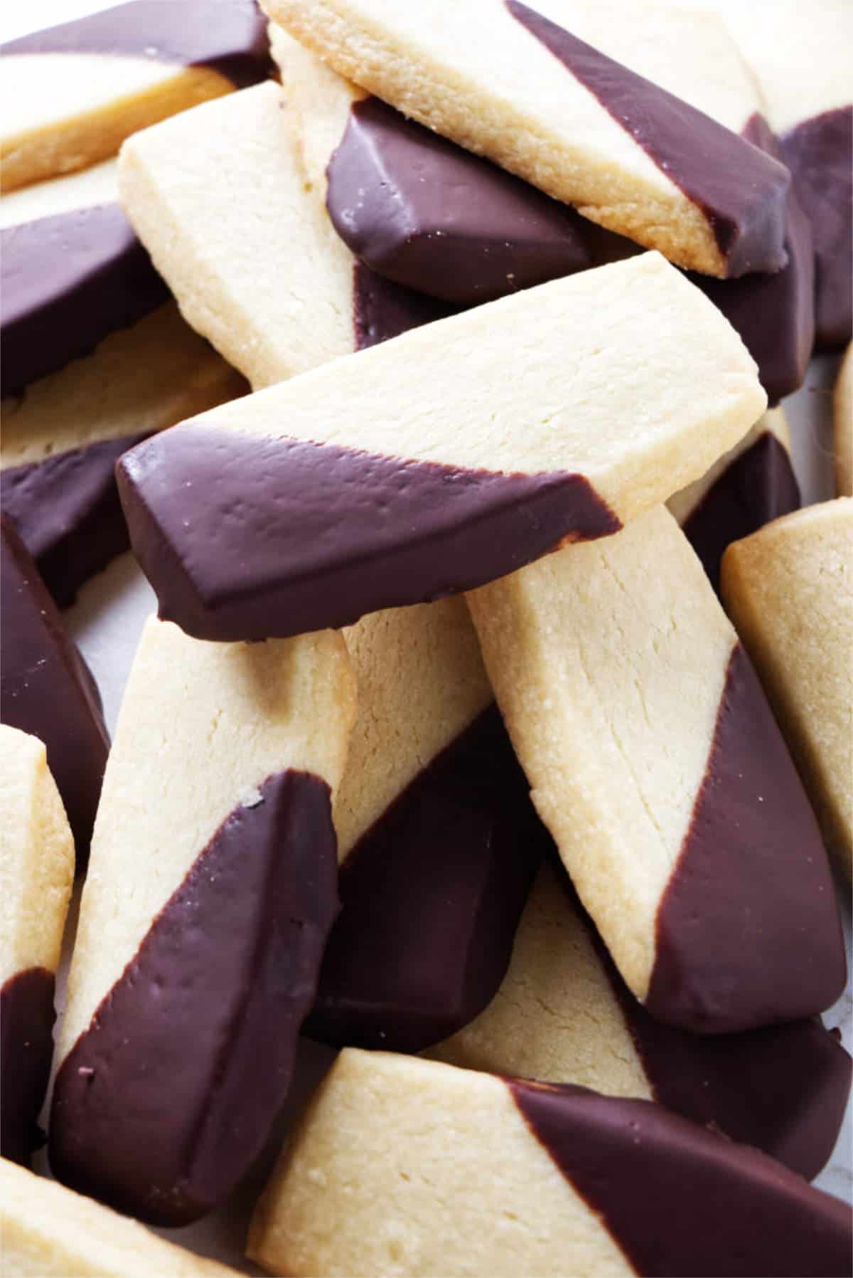 rectangular shortbread cookies dipped in dark chocolate.