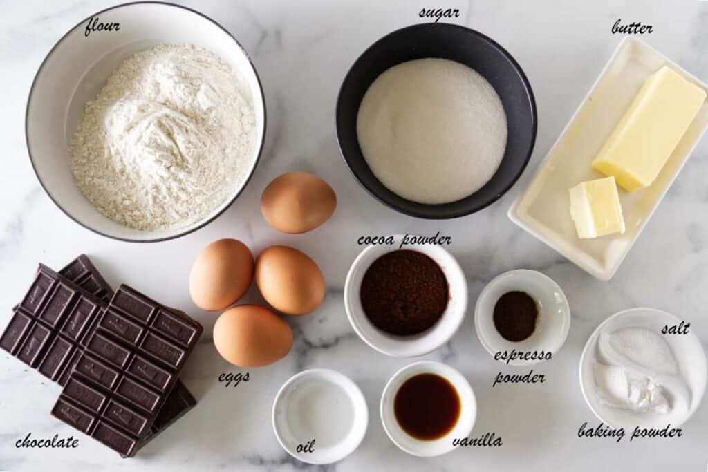 Ingredients to make chocolate madeleines.