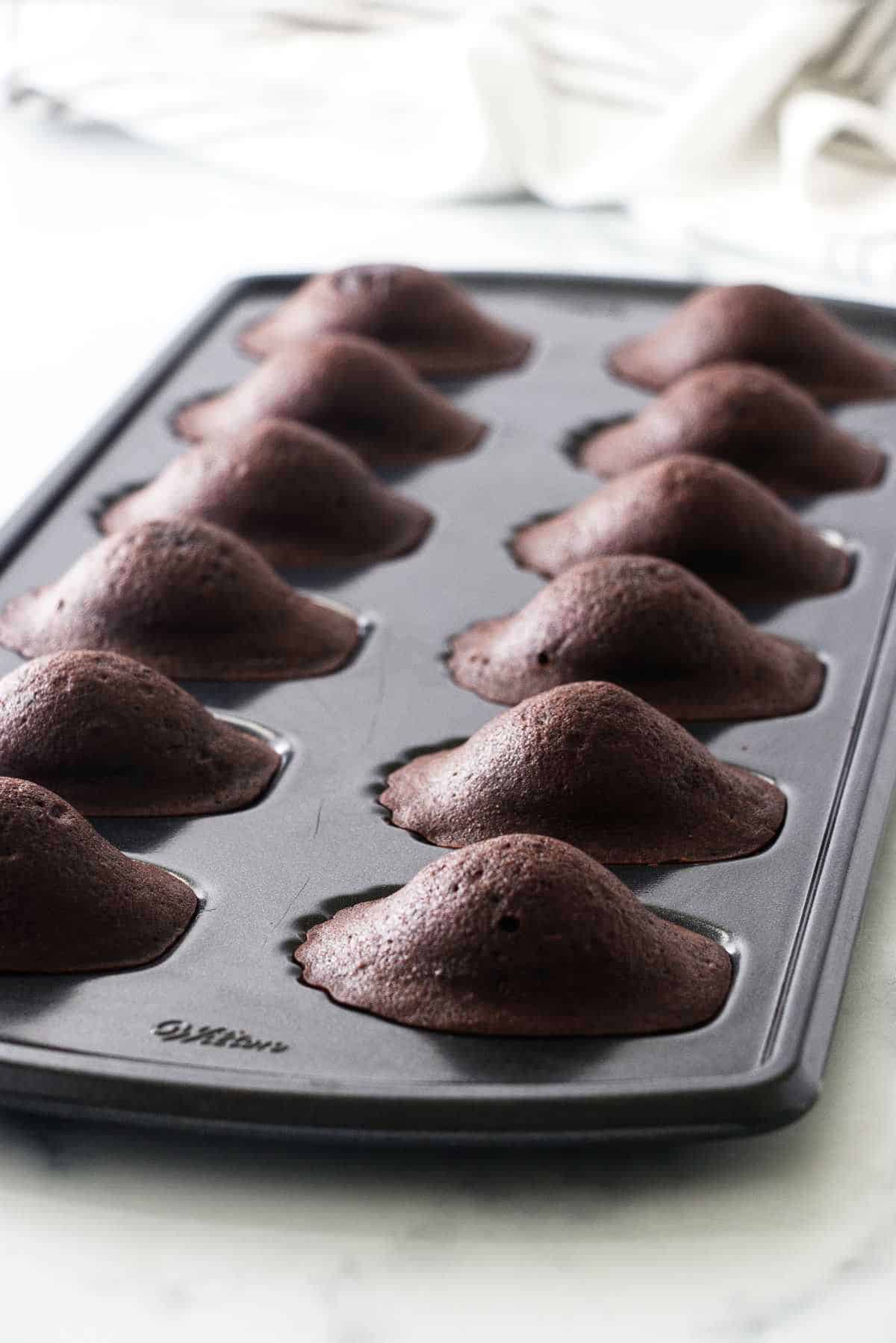 domed chocolate madeleines in a pan.