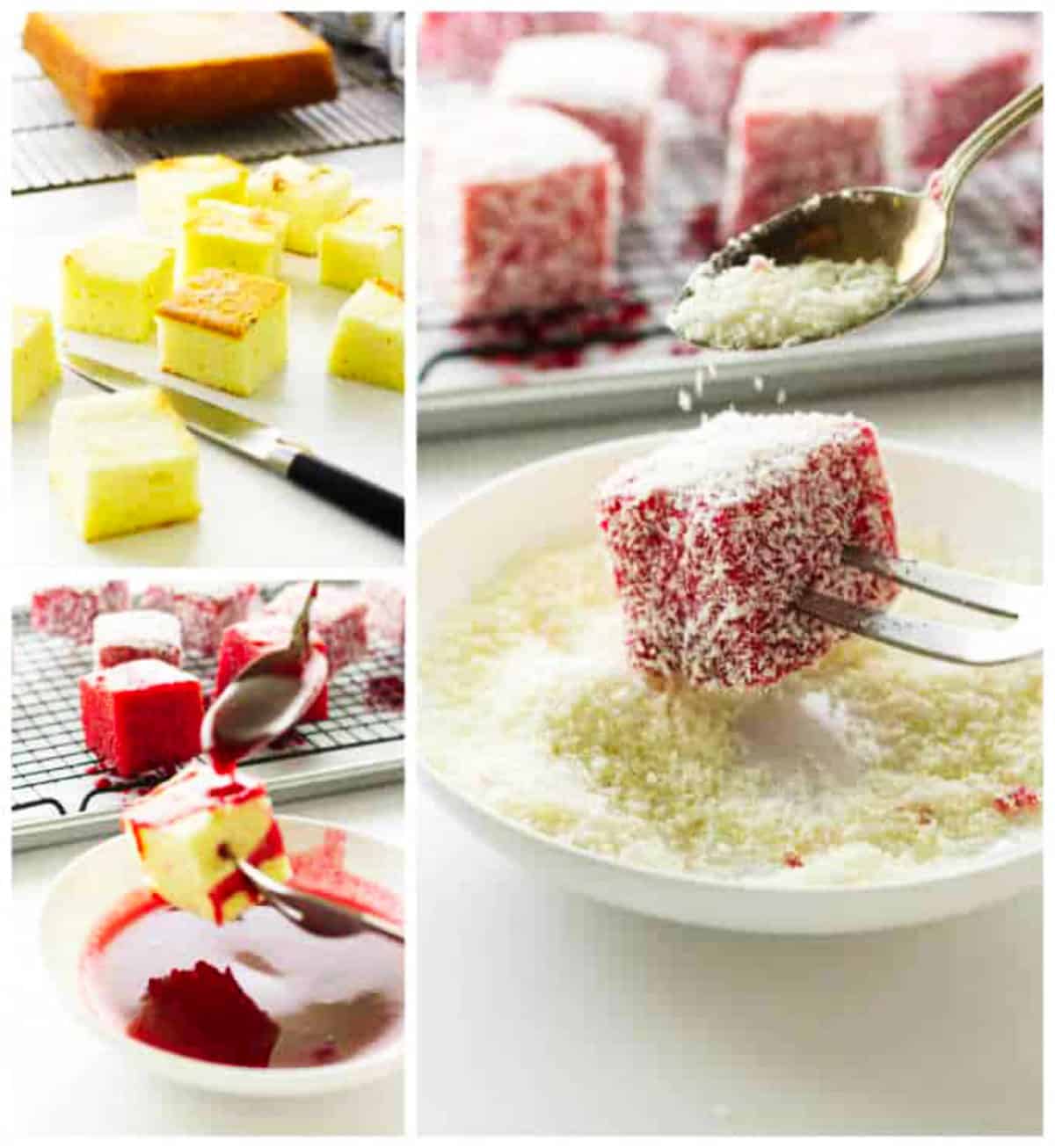 step by step process of making raspberry lamingtons.